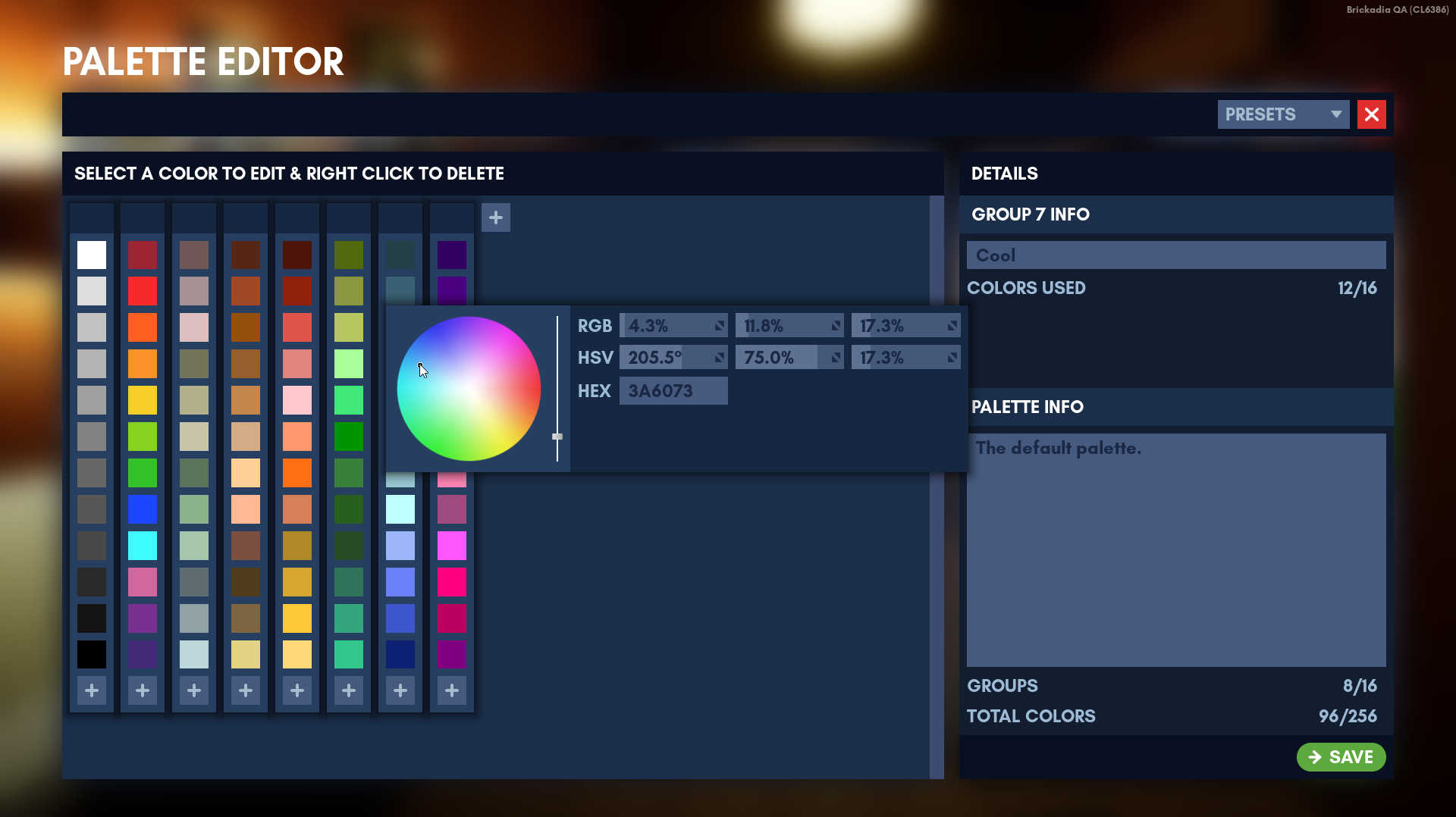 Modifying the new default palette in the editor